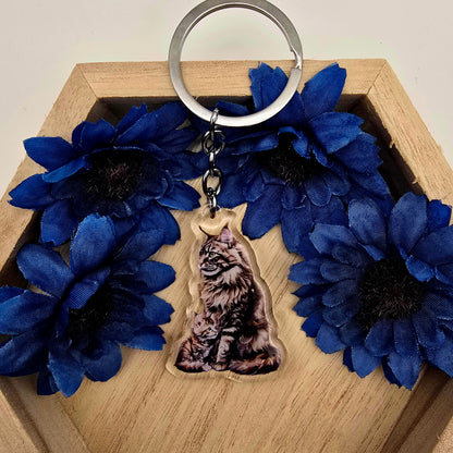 Brown Maine Coon Cat and Kitten Keychain, Fluffy Cat Mom Charm, Acrylic Pet Gift, Cat Lover Key Ring