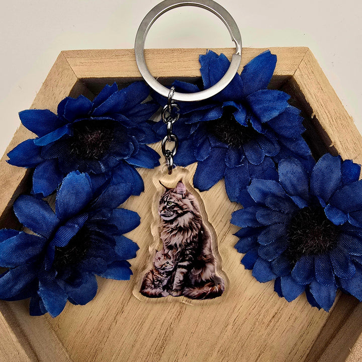 Brown Maine Coon Cat and Kitten Keychain, Fluffy Cat Mom Charm, Acrylic Pet Gift, Cat Lover Key Ring - Designs by Mysh