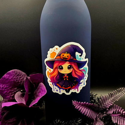 Kawaii Witch Sticker, Cute Halloween Girl Vinyl Decal, Pink Hair Pumpkin Hat Witch, Spooky Season Aesthetic Sticker