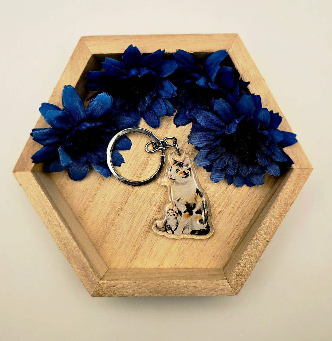 Calico Cat and Kitten Keychain, Acrylic Cat Mom Charm, Cute Pet Lover Gift, Handmade Cat Key Ring - Designs by Mysh