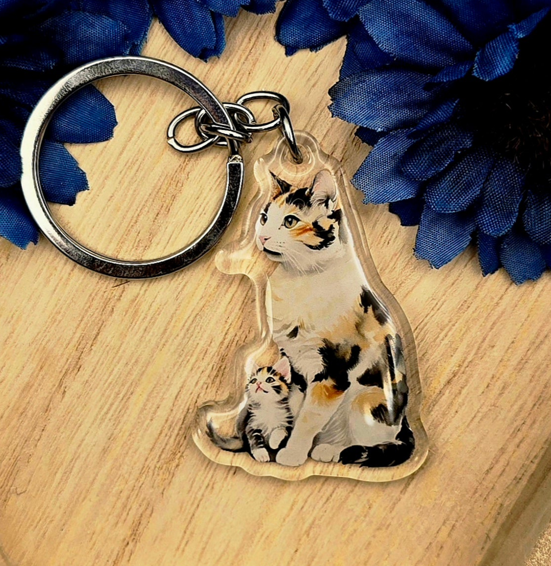 Calico Cat and Kitten Keychain, Acrylic Cat Mom Charm, Cute Pet Lover Gift, Handmade Cat Key Ring - Designs by Mysh