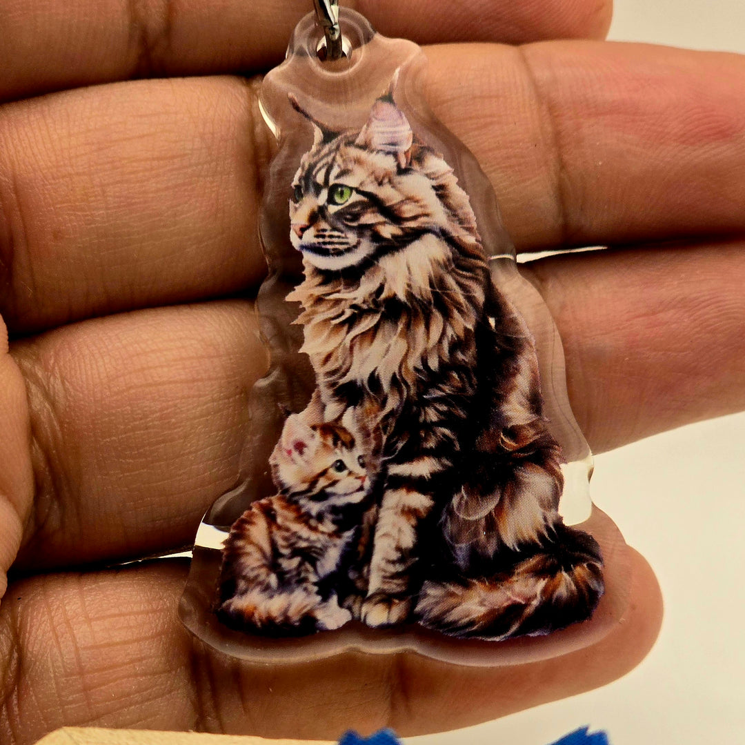 Brown Maine Coon Cat and Kitten Keychain, Fluffy Cat Mom Charm, Acrylic Pet Gift, Cat Lover Key Ring - Designs by Mysh