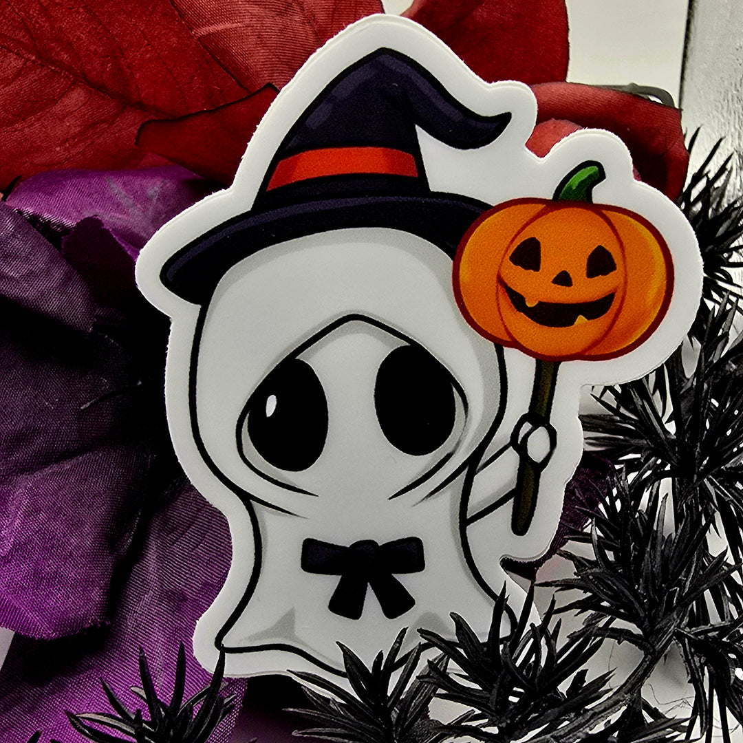Cute Witch Ghost Vinyl Decal Sticker, Halloween Vinyl Decal with Pumpkin, Kawaii Spooky Season Sticker, Trick-or-Treat Fall Decor - Designs by Mysh