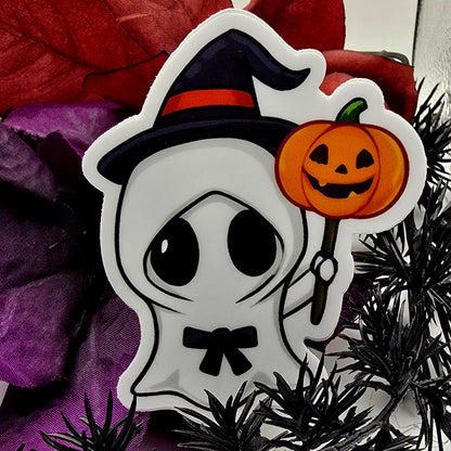 Cute Witch Ghost Vinyl Decal Sticker, Halloween Vinyl Decal with Pumpkin, Kawaii Spooky Season Sticker, Trick-or-Treat Fall Decor