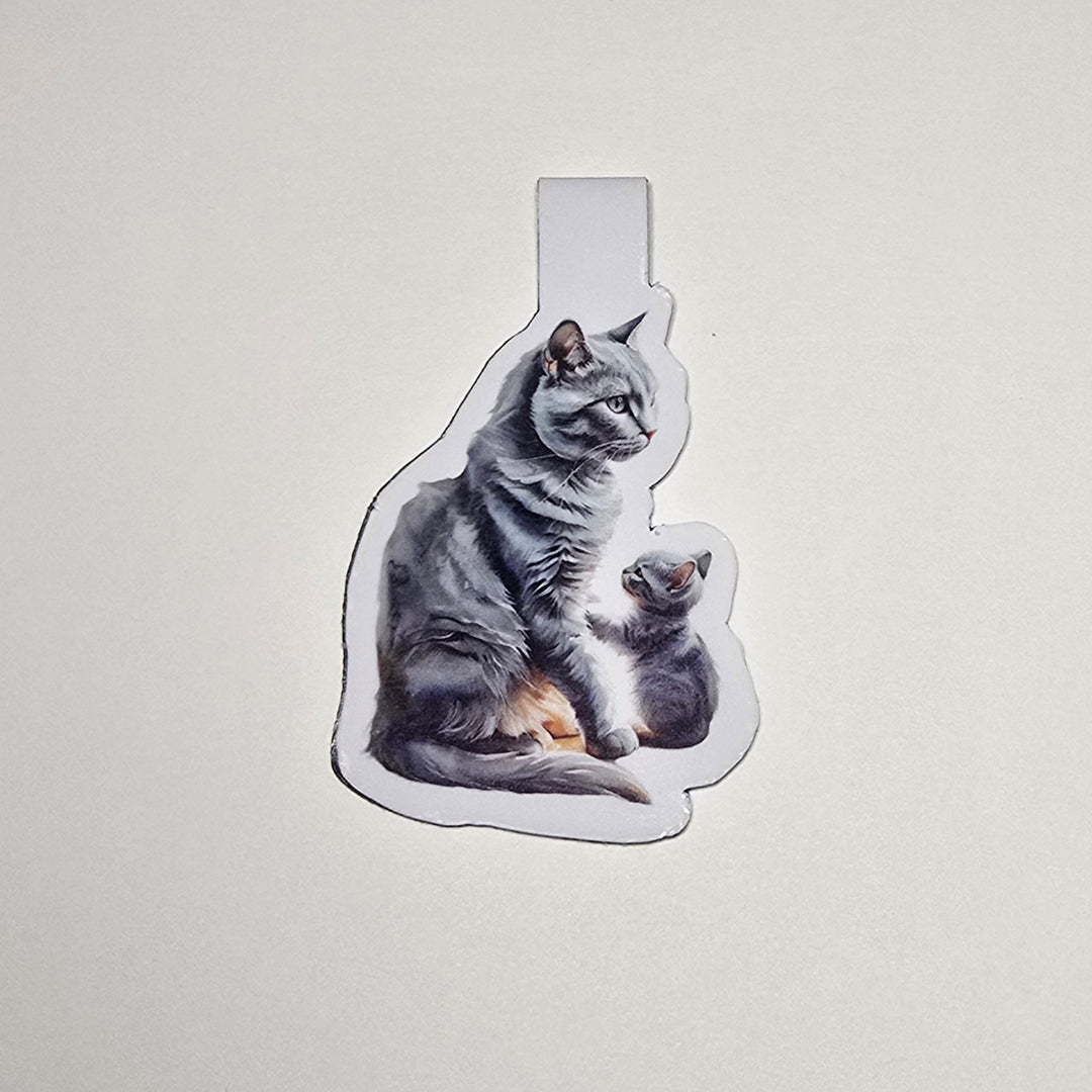 Russian Blue Cat and Kitten Magnetic Bookmark, Handmade Page Marker, Cat Mom Gift, Gray Cat Lover Stationery - Designs by Mysh