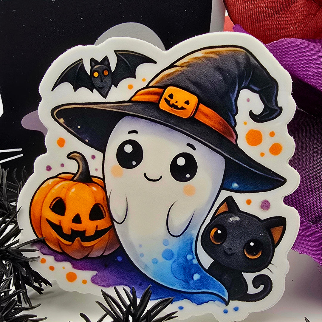 Halloween Ghost Cat Sticker, Kawaii Witch Ghost Vinyl, Pumpkin Bat Cute Fall Sticker, Spooky Season Aesthetic Decor - Designs by Mysh
