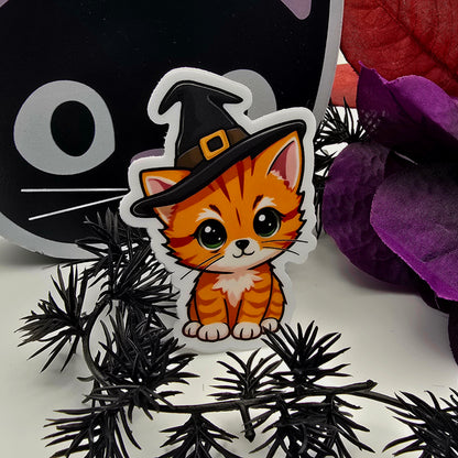 Witch Cat Halloween Vinyl Decal Sticker, Cute Orange Tabby Vinyl Decal, Kawaii Fall Cat Sticker, Spooky Season Kitty Planner Decor