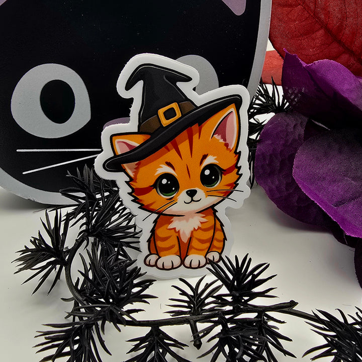 Witch Cat Halloween Vinyl Decal Sticker, Cute Orange Tabby Vinyl Decal, Kawaii Fall Cat Sticker, Spooky Season Kitty Planner Decor - Designs by Mysh