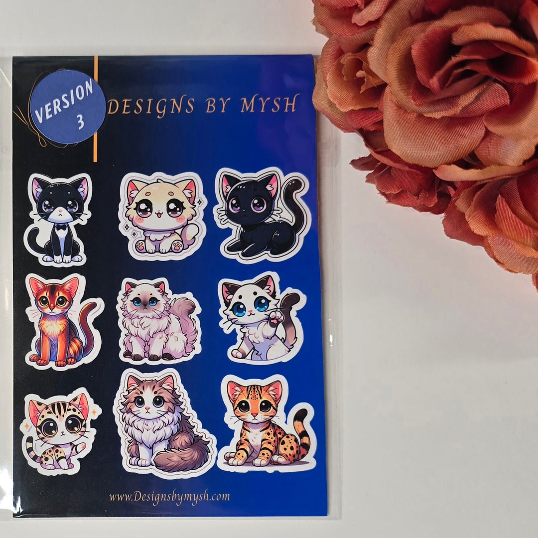 Cute Kawaii Cat Sticker Pack • Choose Version 1, 2, or 3 • Waterproof Vinyl Stickers • Designs by Mysh - Designs by Mysh