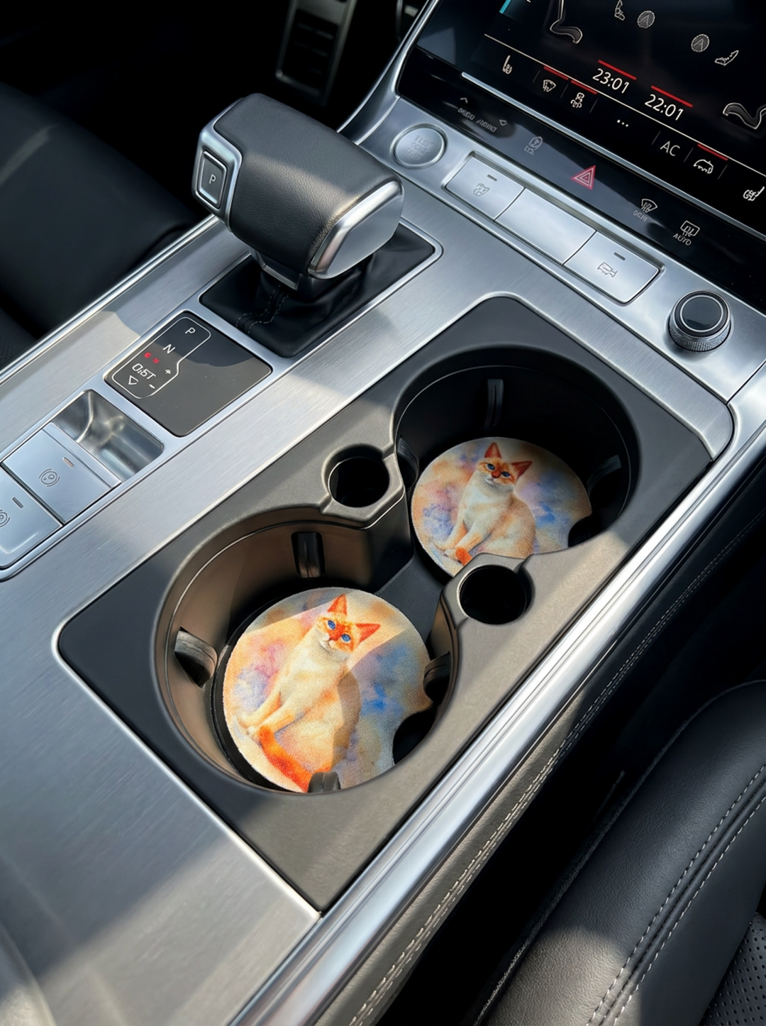 Siamese Flame Point neoprene car coasters in car cup holders
