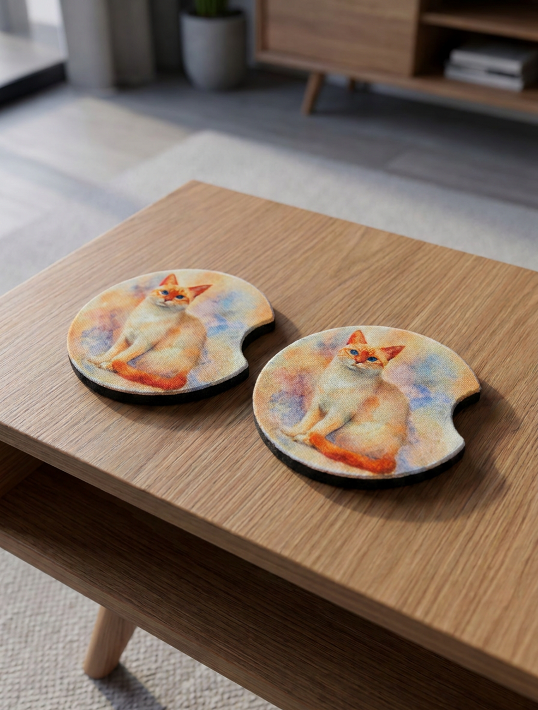 Siamese Flame Point neoprene car coasters on coffee table lifestyle shot