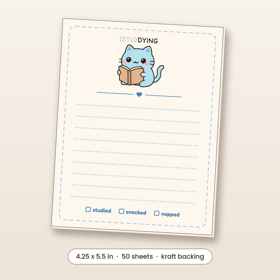 (STU)DYING blue cat funny notepad, 4.25 x 5.5 inch, 50 sheets