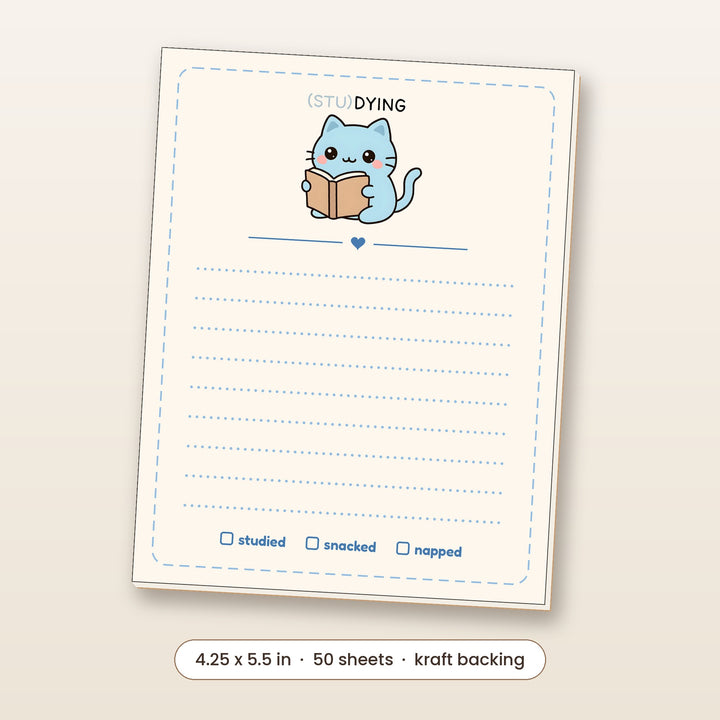 (STU)DYING blue cat funny notepad, 4.25 x 5.5 inch, 50 sheets