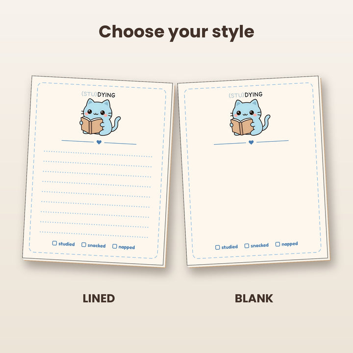 (STU)DYING blue cat notepad in lined and blank styles