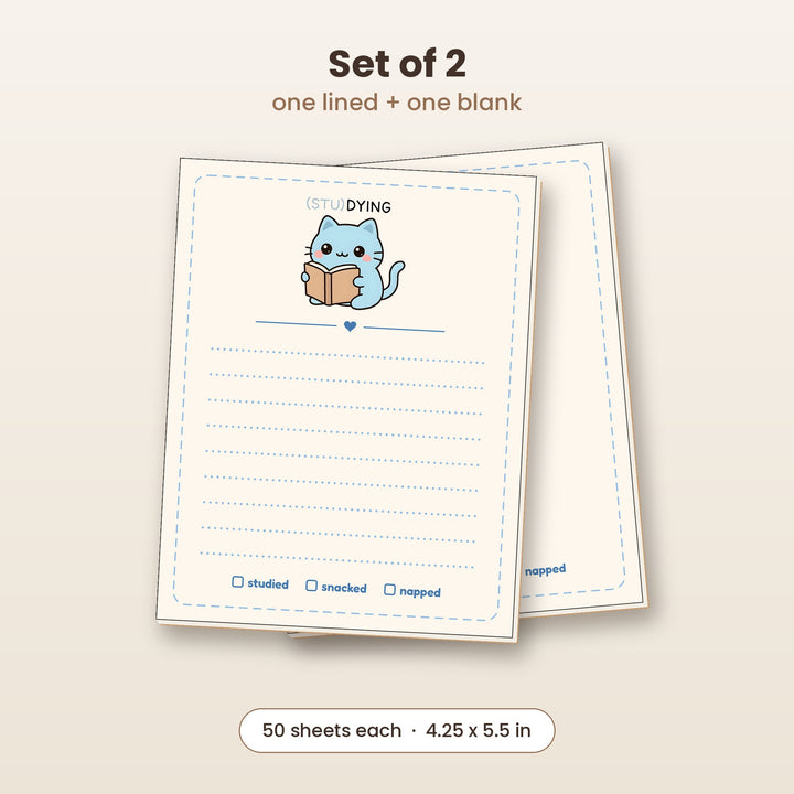 (STU)DYING blue cat notepad set of 2, one lined and one blank