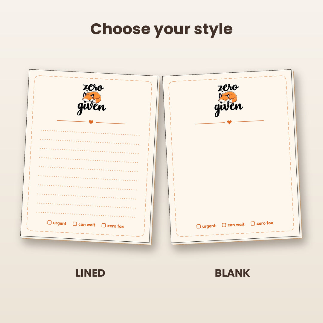 Zero Fox Given notepad in lined and blank styles