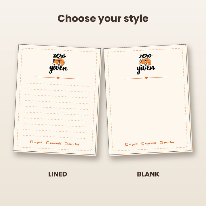 Zero Fox Given notepad in lined and blank styles