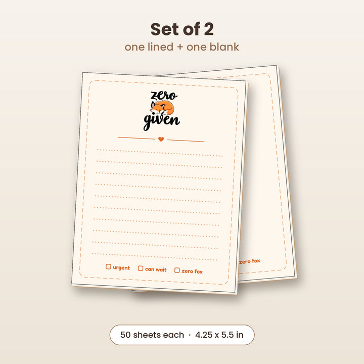 Zero Fox Given notepad set of 2, one lined and one blank